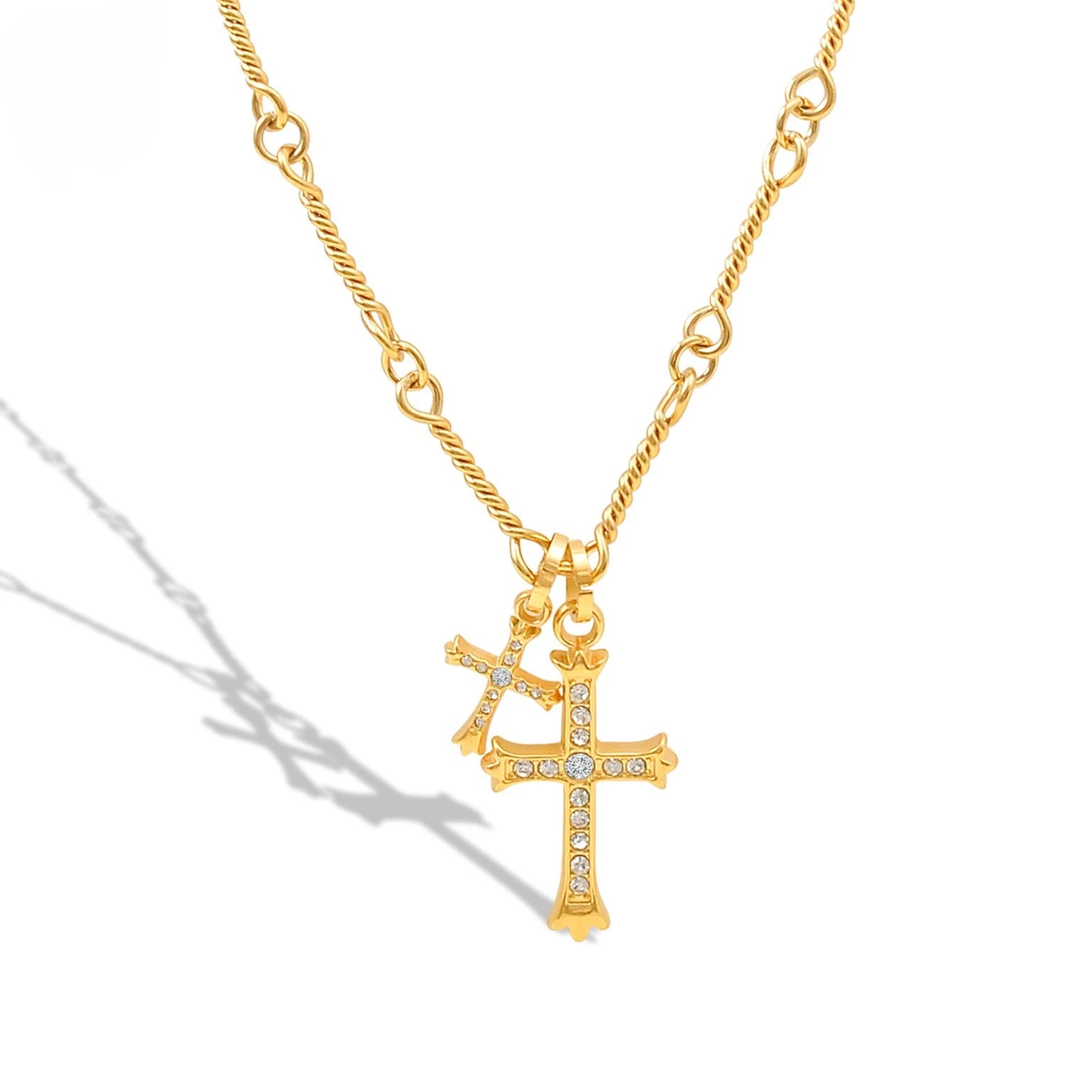 Stainless Steel Tar Free Jewelry 18k Gold Plated Christian Religious Double Cross Pendant Diamond Inlaid Long Necklace YF3695