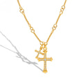 YF3695 Stainless Steel Tar Free Jewelry 18k Gold Plated Christian Religious Double Cross Pendant Diamond Inlaid Long Necklace