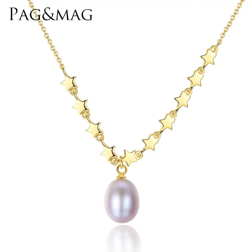 CZCITY Girl Fashion Small Star Woman 925 Sterling Silver Link Pearl Glod Charm Gold Chain Necklace