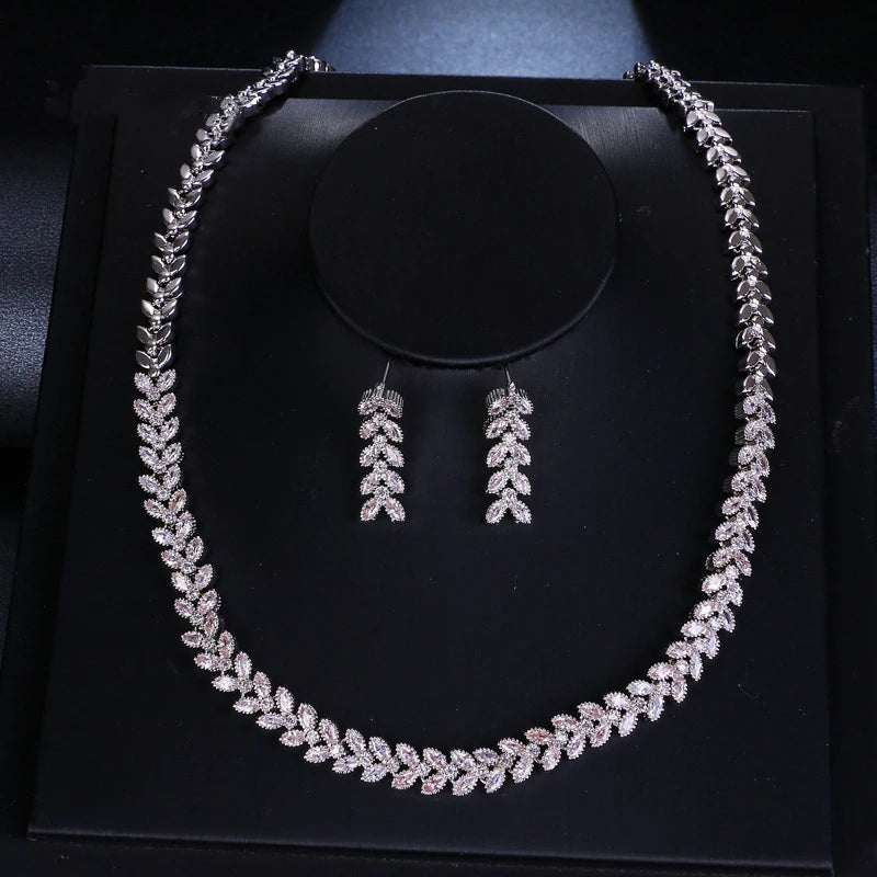 Wholesale Delicate Wedding Jewelry Shiny Necklace Earrings Jewelry Set Leaf Bridal Zircon Jewelry Set for Women Girls