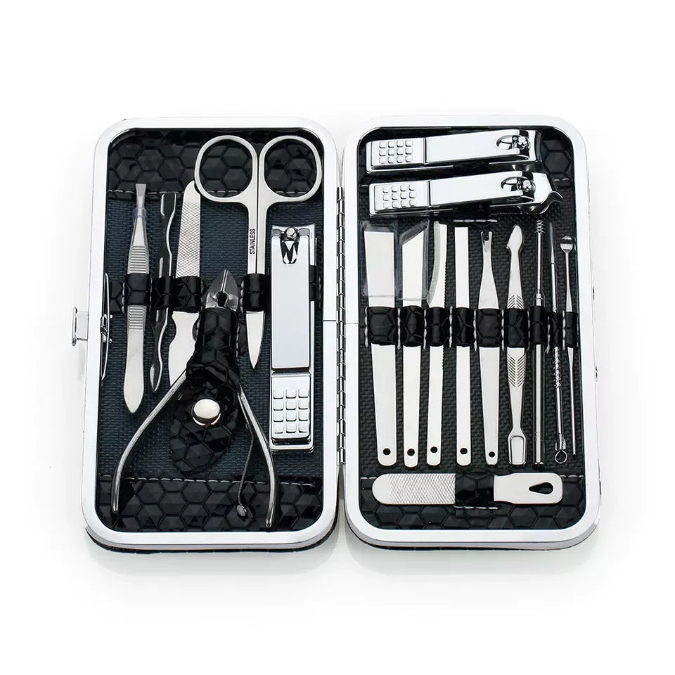 18pcs Stainless Steel Nail Care Tool Kit Manicure Pedicure Set Ear Spoon Cutter Scissors Cuticle Nail Art Tool Satin Finish