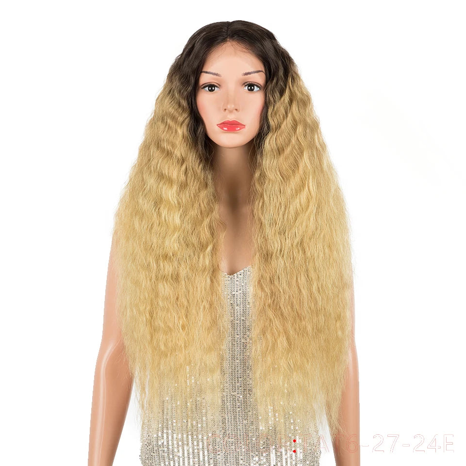 Sleek Hair Synthetic Lace Wig Curly High Temperature Fiber Hair 30 Inch Natural Blonde Ombre Synthetic Lace Wigs for Black Women