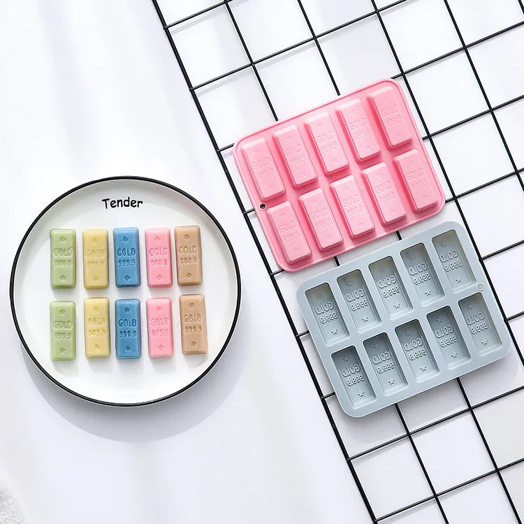 10 Gold Bar Silicone Mold Baking Tool Number-Shaped Chocolate Dessert Jelly Cake Mold Set Packed in Bulk Bag
