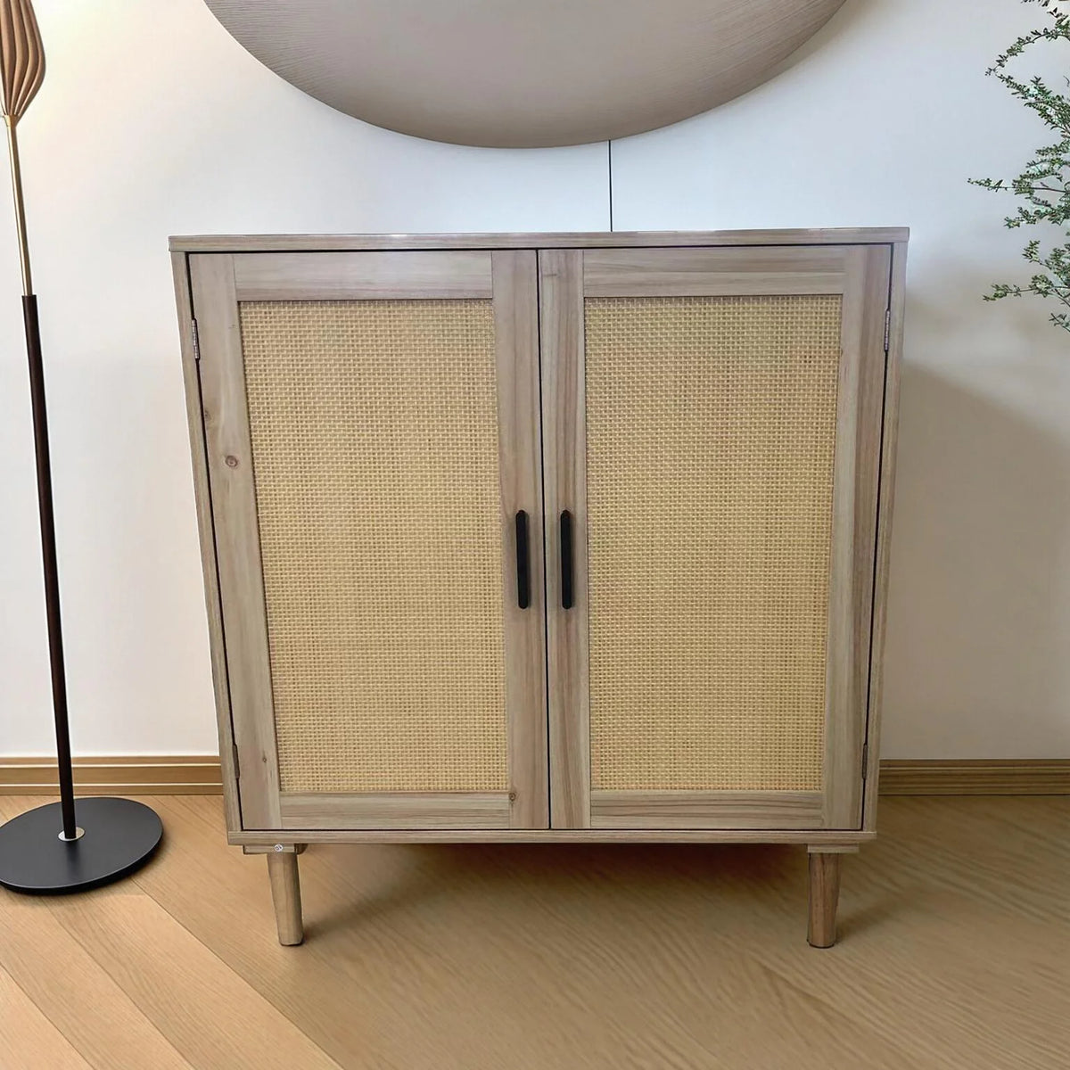 New 2Tier 2-Inner Panel Storage Cabinet PE Rattan Decor Doors Accent Cabinet Solid Wood Feet Storage Room Furniture MegaBDM