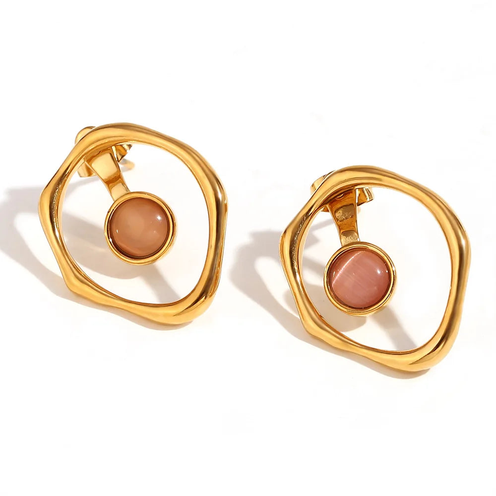 Chic Trendy Femme Jewelry Stainless Steel Green Red White Gem Stone Cat Eye Earrings