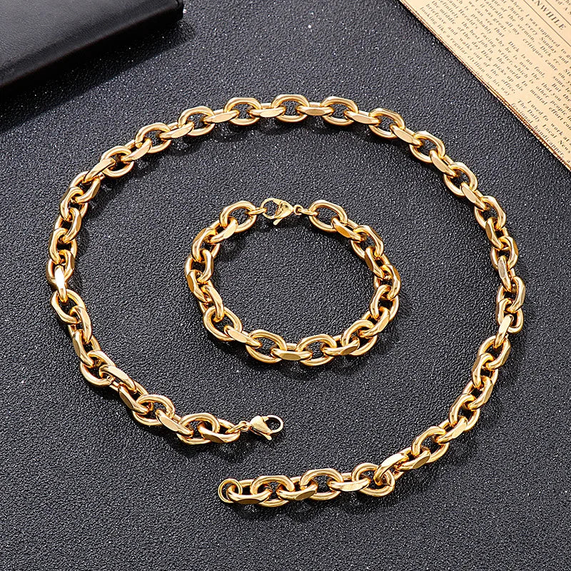 European  American Fashion Trend Hiphop Stainless Steel 18K Gold Plated O Chain Shape Bracelet Necklace Jewelry Set