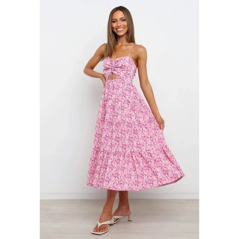 OEM LOGO ODM Bar Party  Summer Elegant Casual Floral Woman Dress 100%Polyester Sleeveless Floral Print Pink Dresses