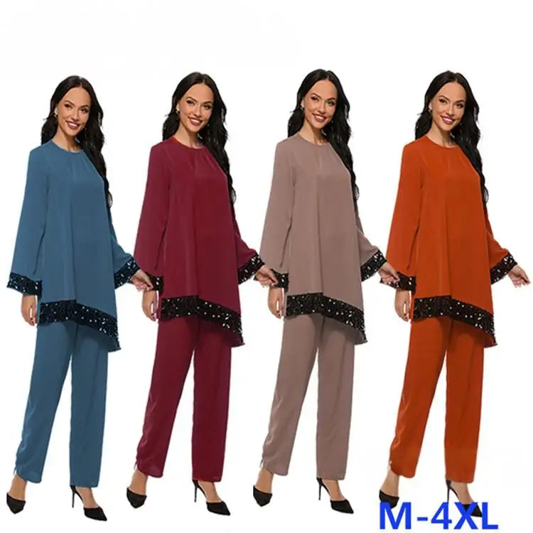 Traditional Muslim Clothing Two Pieces Top and Pants Set Plus Size Muslim Women Pant Suits