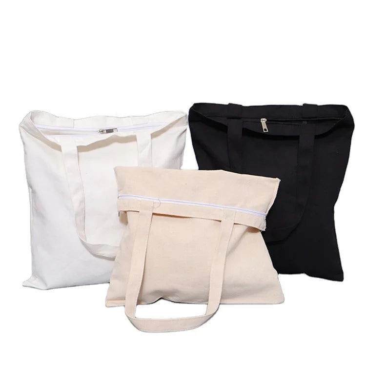 Custom Printed Logo Shopping Cotton Bag Reusable OEM ODM Black White Pink Natural Color 100% Cotton Canvas Tote Bag with Zipper
