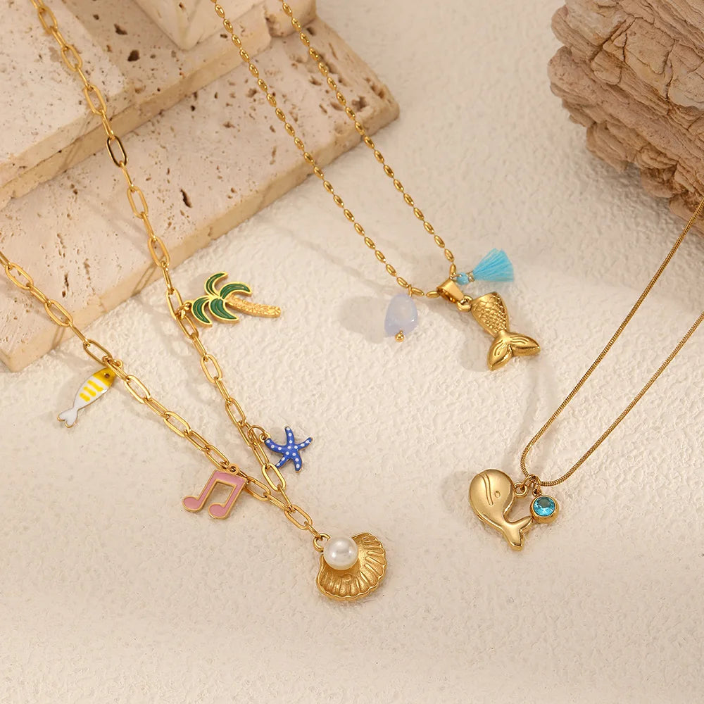 Beach Jewelry Women 18K Gold Plated Stainless Steel Non Tarnish Waterproof Jewelry Shell Pendant Necklace Ocean Necklace