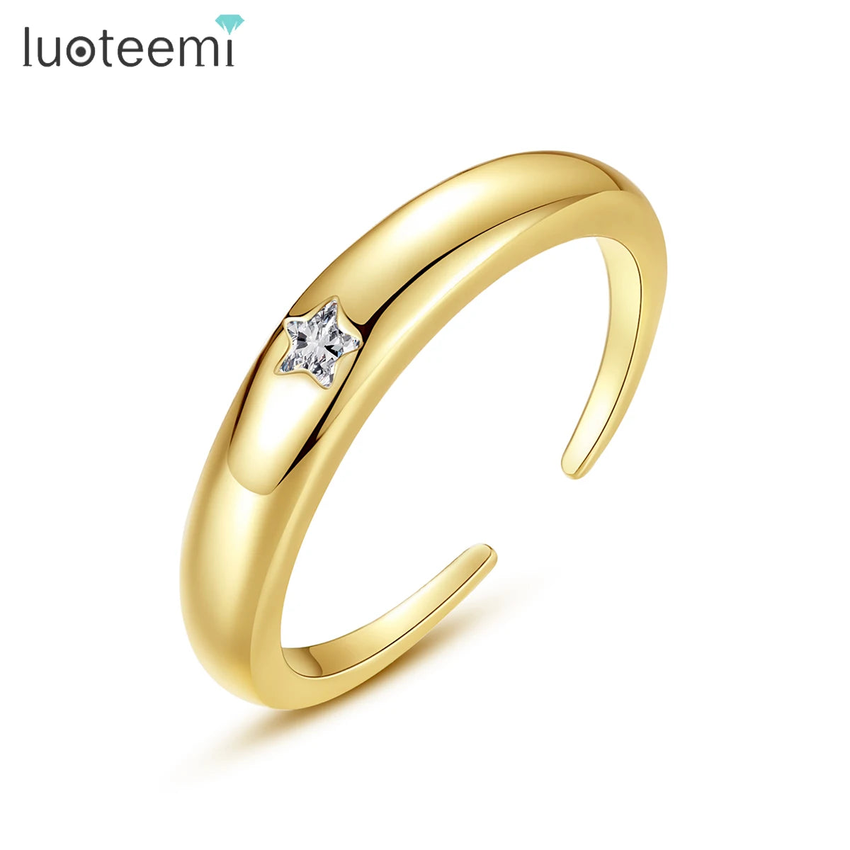 LUOTEEMI Fashion Minimalist Ring Single Star Cutting Zirconia Stone Women Open Star Ring 18K Gold