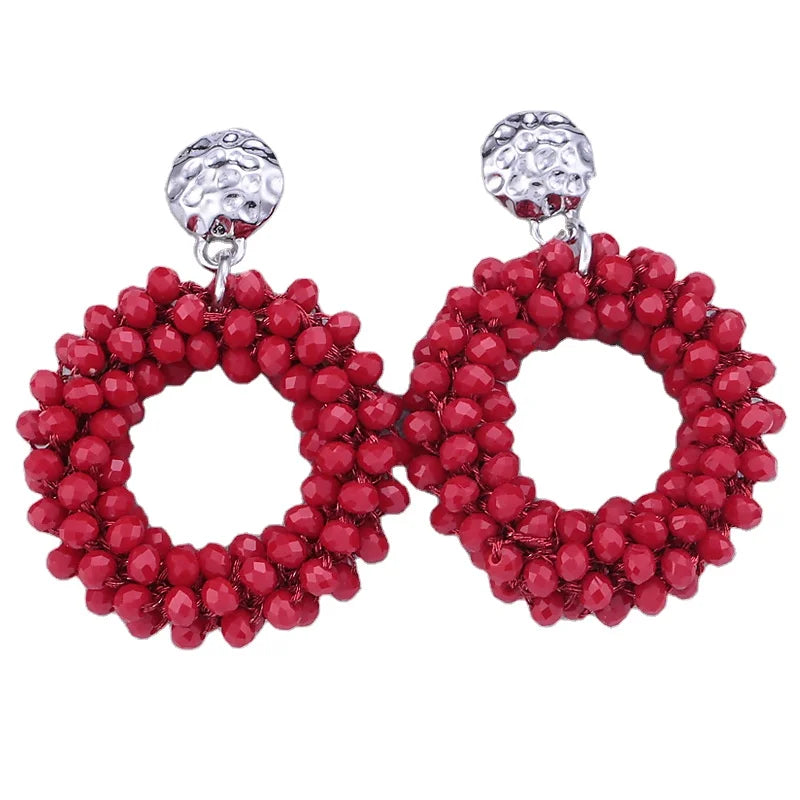 BINSHUO Wholesale Custom Bohemian Jewelry Dutch Hand Knitting Multi Color Seed Beaded Round Pendant Earrings Charm for Women