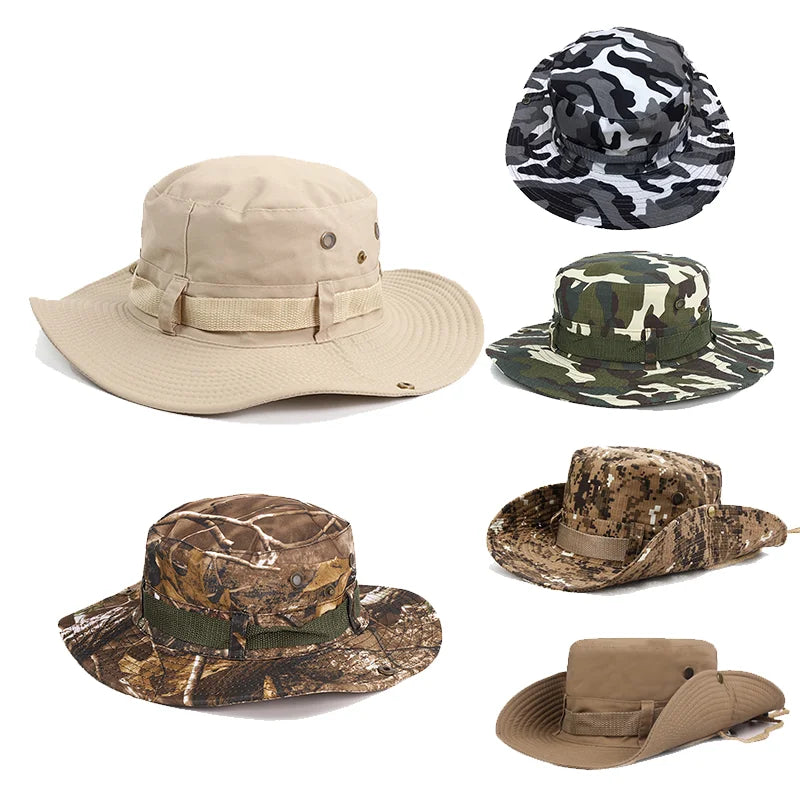 Plain Sunproof  Summer Cotton Hiking Custom Logo Luxury Reversible Camouflage Green Fishermen Hat Bucket Hat With Strings