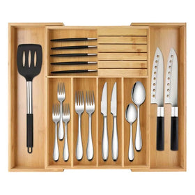 Bamboo Modern Kitchen Drawer Organizer Cutlery Tray Removable Knife Block Carved Lacquer Finish BPA Free Single Tier Storage