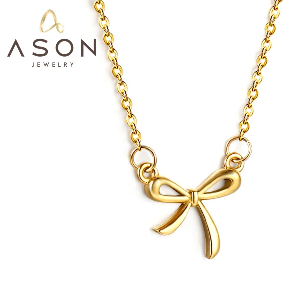 Ason Simple Gold Plated Jewelry Fashionable Lovely Girls Stainless Steel Butterfly Bow Pendant Necklace