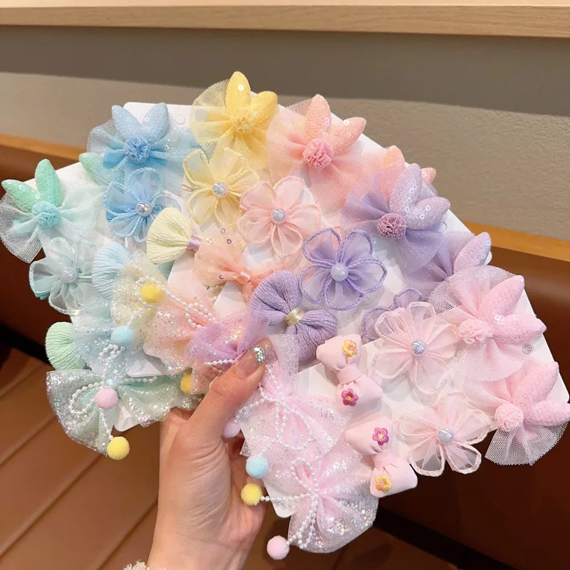 Fabric Lace Bow Flower Design Cute Children Hairgrip 8 Pcs/Set Candy Color Kawaii Decoration Hair Clip for Kids Girls