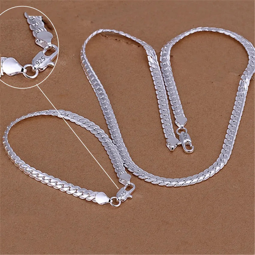 Silver Plated Color Christmas Gifts European Style Retro 6MM Flat Chain Necklace Bracelets Fashion for Man Women Jewelry Sets