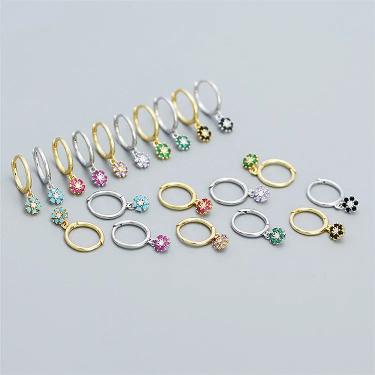 SP Zircon Drop Jewelry 925 Sterling Silver Hoop Multi Color Zircon Flower Dangle Earrings