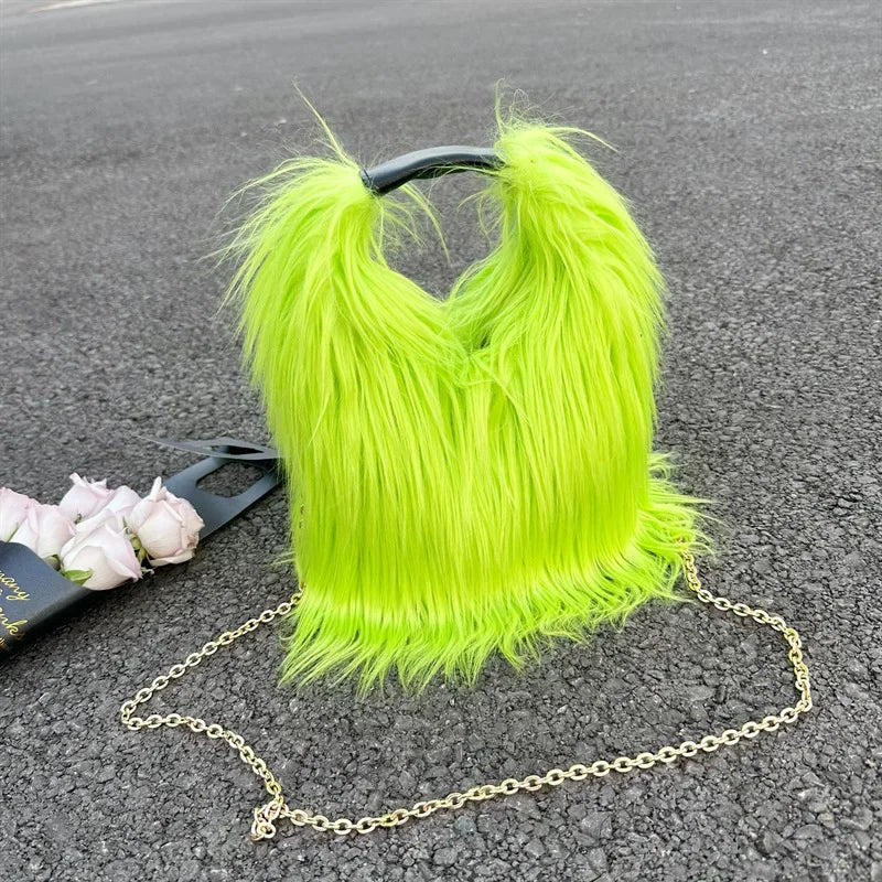 Punk Faux Fur Women's Purse Handbags Solid Color Y2k Hot Girls Plush Shoulder Bags Soft Furry Female Chain Tote Crossbody Bag MegaBDM