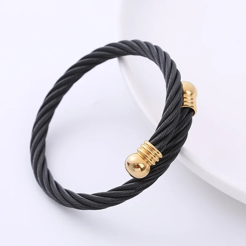 ORDRM C Twisted Round Head Open Bangle Wire Stainless Steel Cable Cuff Bracelet