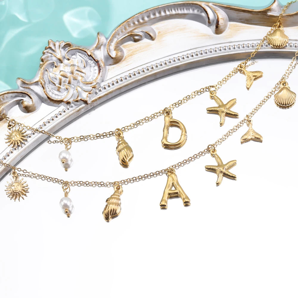 Trendy Women's Initial Necklace with Personalized Name Stainless Steel Shell Starfish Boho Surfer Beach Letter Necklace Gift