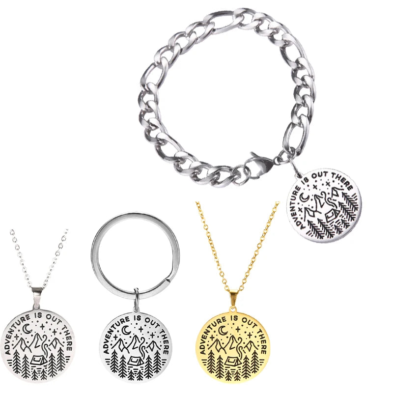 Custom Graduation Gift Stainless Steel Adventure Is Out There Inspirational Bracelets Necklace Key Chain Jewelry Set