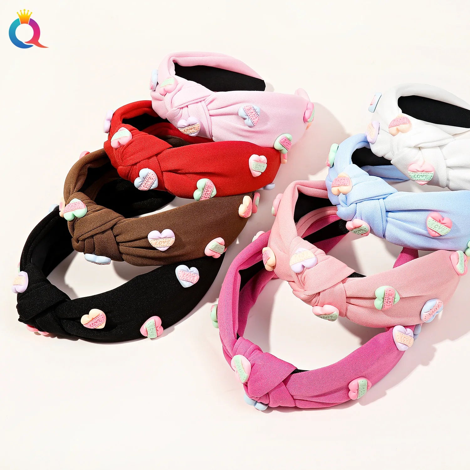Qiyue Knotted Sweet Girl Headband with DIY  Love Heart Resin Decoration Hairband Valentine's Day Gift