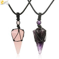 CSJA Wholesale Black Rope Wrapped Healing Natural Stone Rose Quartz Hexagonal Prism Crystal Pendant Fashion Necklaces G173