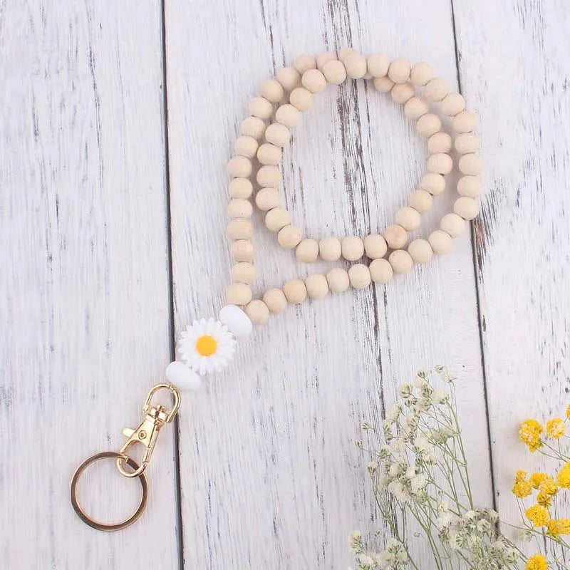New Wooden Bead Necklace Teacher Lanyard Badge Silicone Small Flower Beads Pendant Lanyard Keychain