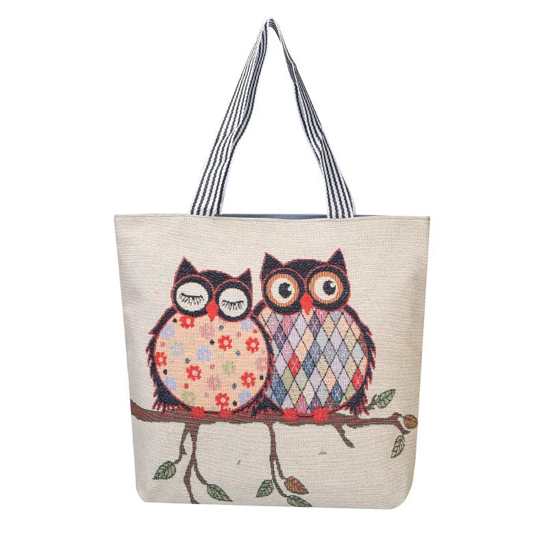 Hot Sale Large Capacity Ethnic Style Owl Embroidered Canvas Shoulder Bag Handbags for Women and Girls