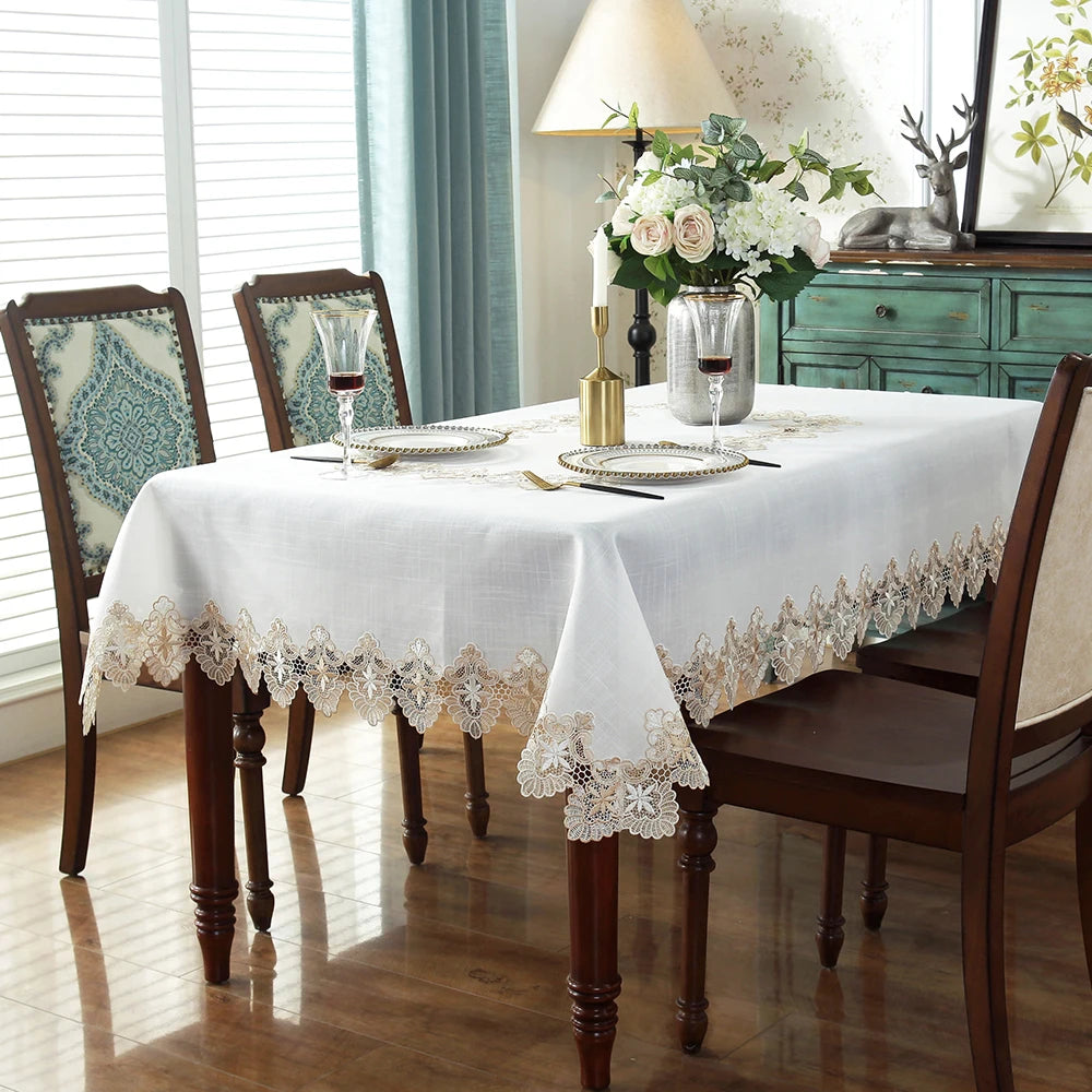 Custom White Floral Lace Embroidered Disposable Rectangular Dining Tablecloth for Wedding Party Events
