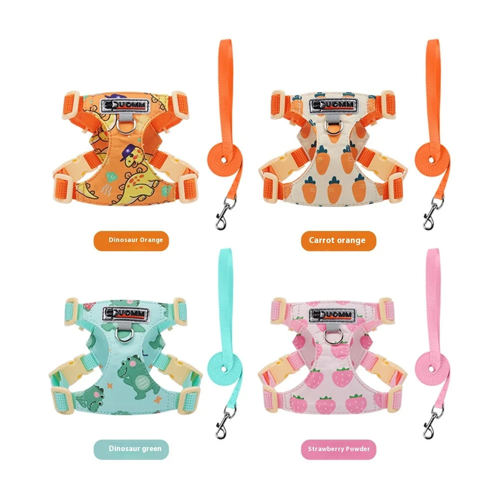 Deluxe Cotton Padded Dog Harness Leash Set Printed Pattern French Bulldog Outdoor Training Accessory for Puppies Small Dogs