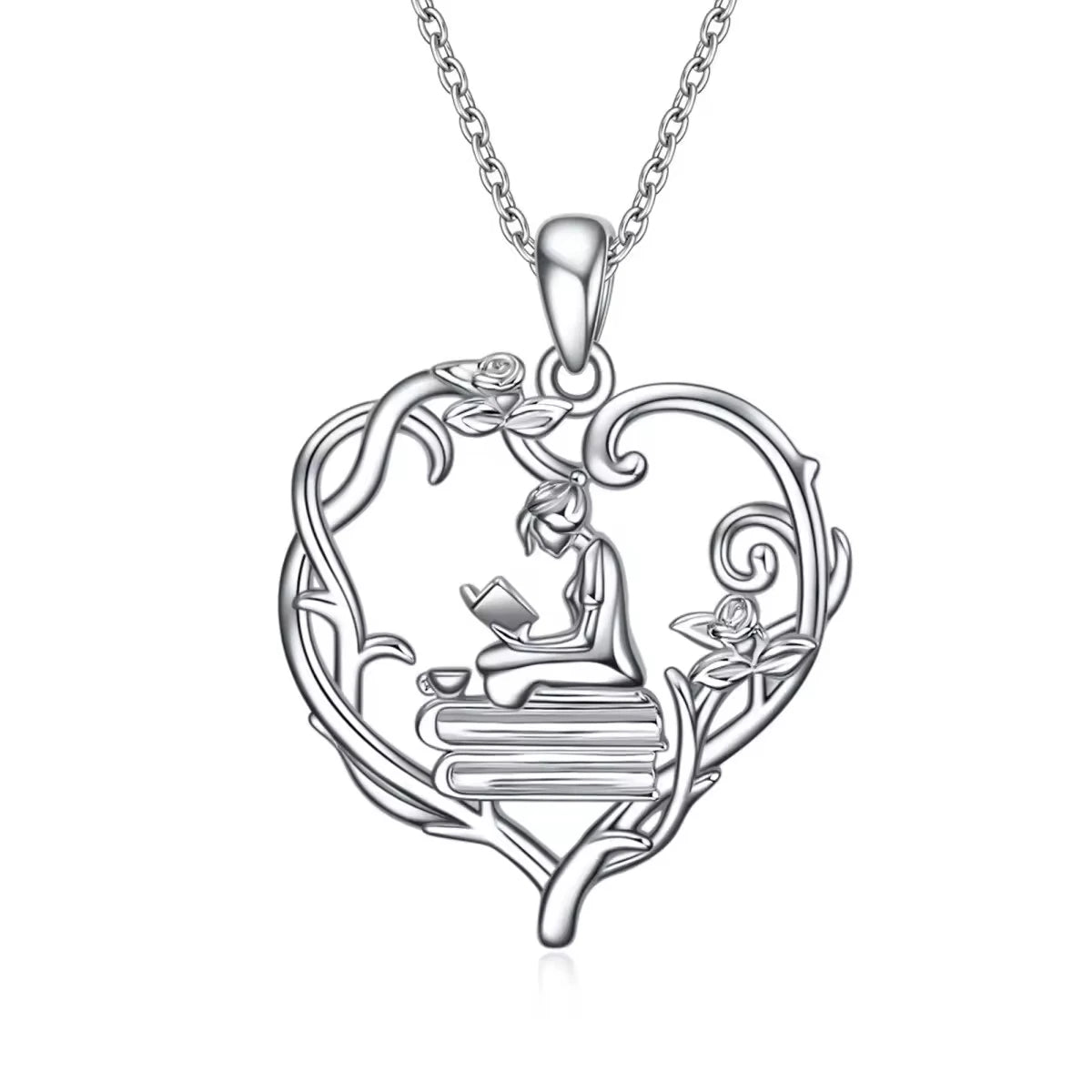 Fashion Jewelry 925 Sterling Silver Plated Women Reading Book Flower Heart Pendant Necklace