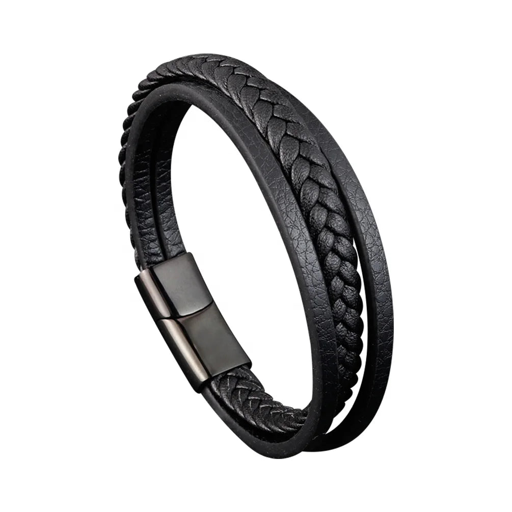 Men's Stainless Steel 316L Magnetic Genuine Leather Bangle Striped Fashion Bracelet Wrap