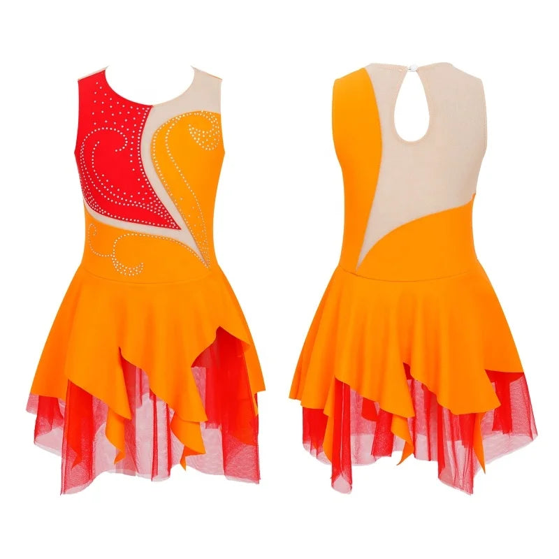 Kids Girls Stylish Clothing Sleeveless Round Neckline Rhinestone Decorated Patchwork Style Hollow Back Skating Dance Dress