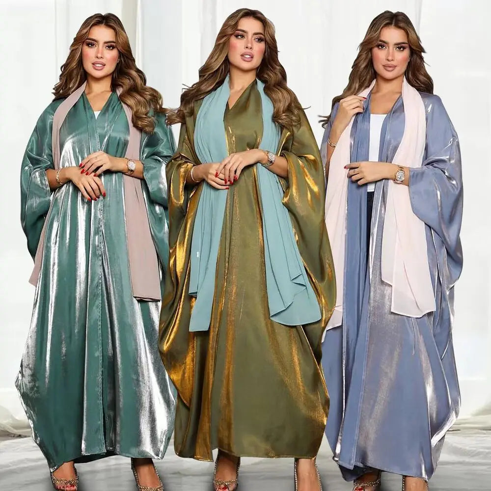 Women's Elegant Satin Abaya Dress Dubai Fashion's Latest Design with Solid Bat Sleeves Open Robe Breathable and Generous