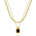 Layered Necklace for Women Dainty Black Square Onyx Stone Pendant 18K Gold Plated Stainless Steel Figaro Chain Choker Jewelry