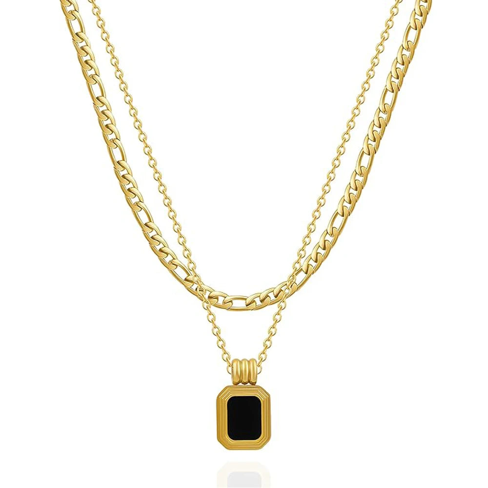 Layered Necklace for Women Dainty Black Square Onyx Stone Pendant 18K Gold Plated Stainless Steel Figaro Chain Choker Jewelry