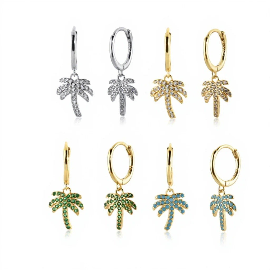FUAMAY 2026 Guangzhou Earrings 18K Gold Plated Green Turquoise 925 Palm Tree Charm Earrings Boucle D'oreille En Argent Palmier