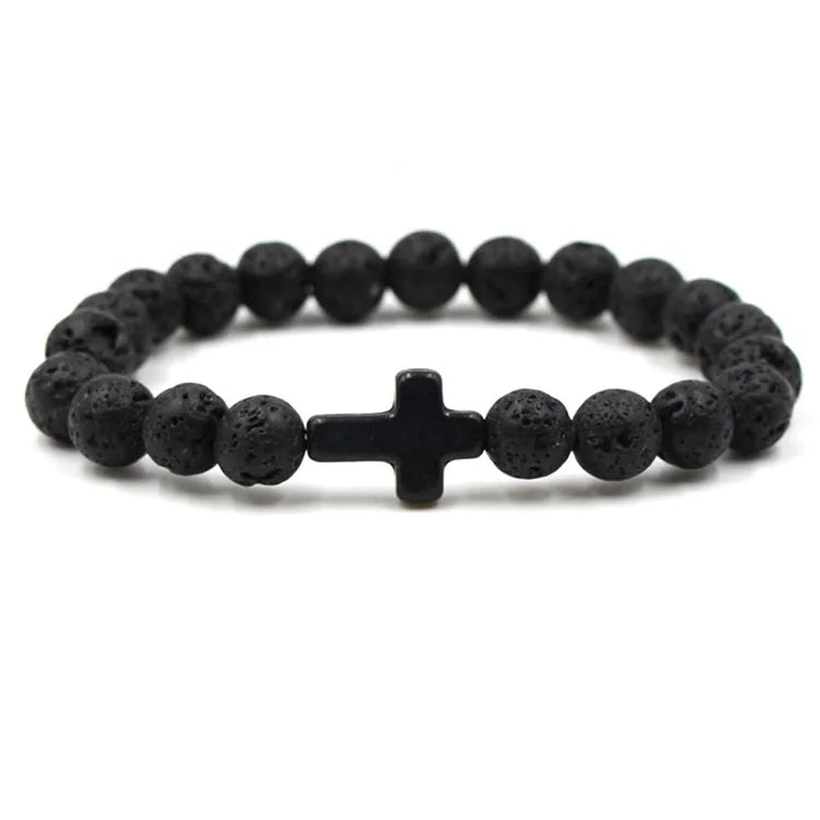 G948 Jewelry Nature Lava Rock Stone Turquoise Stretch Bracelets Elastic Cross Beaded Bracelet