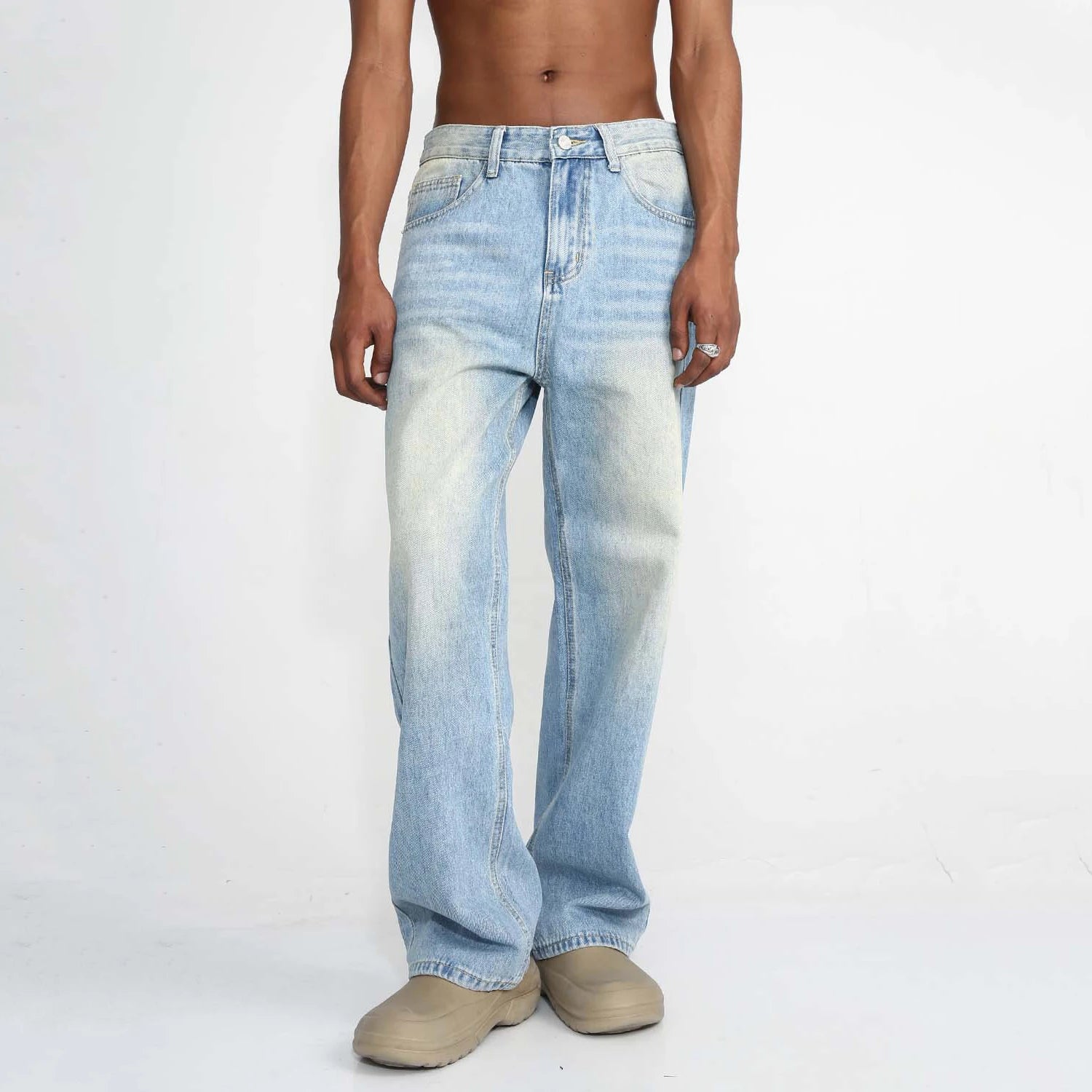 WMJ-030 Light Blue Japanese Style Denim Jeans Washed Baggy Fit Straight-leg Men's Jeans