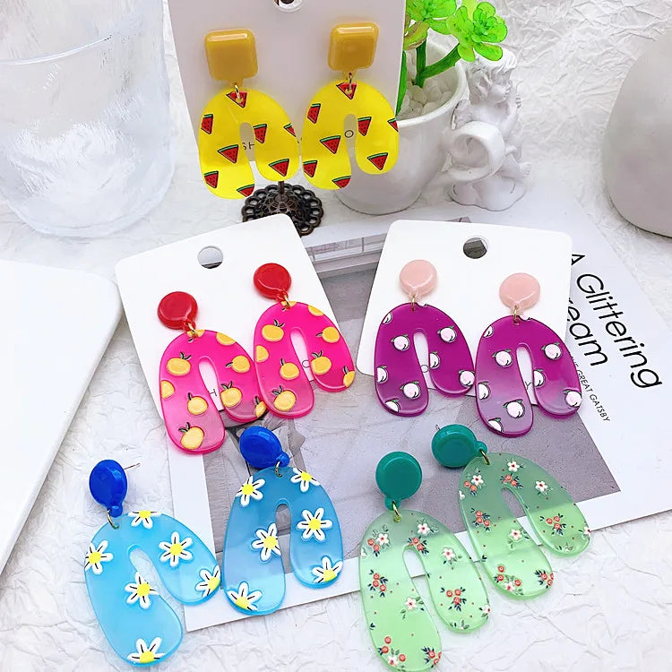 2025 New Korean Version Sweet Cute Fruit Earrings Geometric Exaggerated Acrylic Earrings for Women