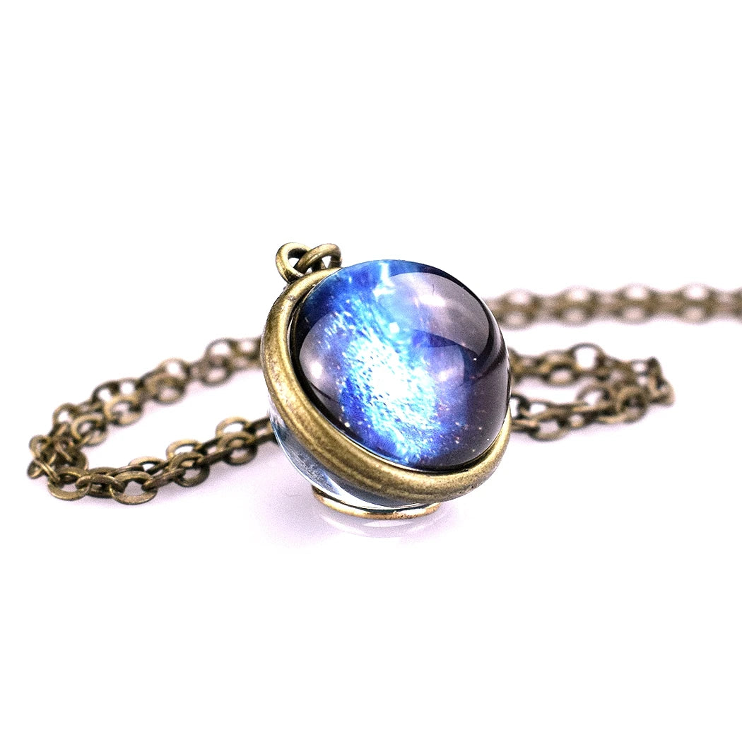 Earth Moon Planet Glass Ball Noctilucent Pendant Necklace Double-sided Luminescent Galaxy Nebula Cosmic Choker Jewelry for Women