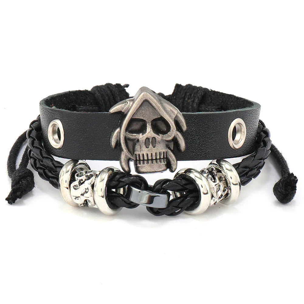 Unisex Punk Skull Leather Bracelet Adjustable Size Handmade Beaded Braided Design Alloy Main Trendy for Men Women Hot Sale