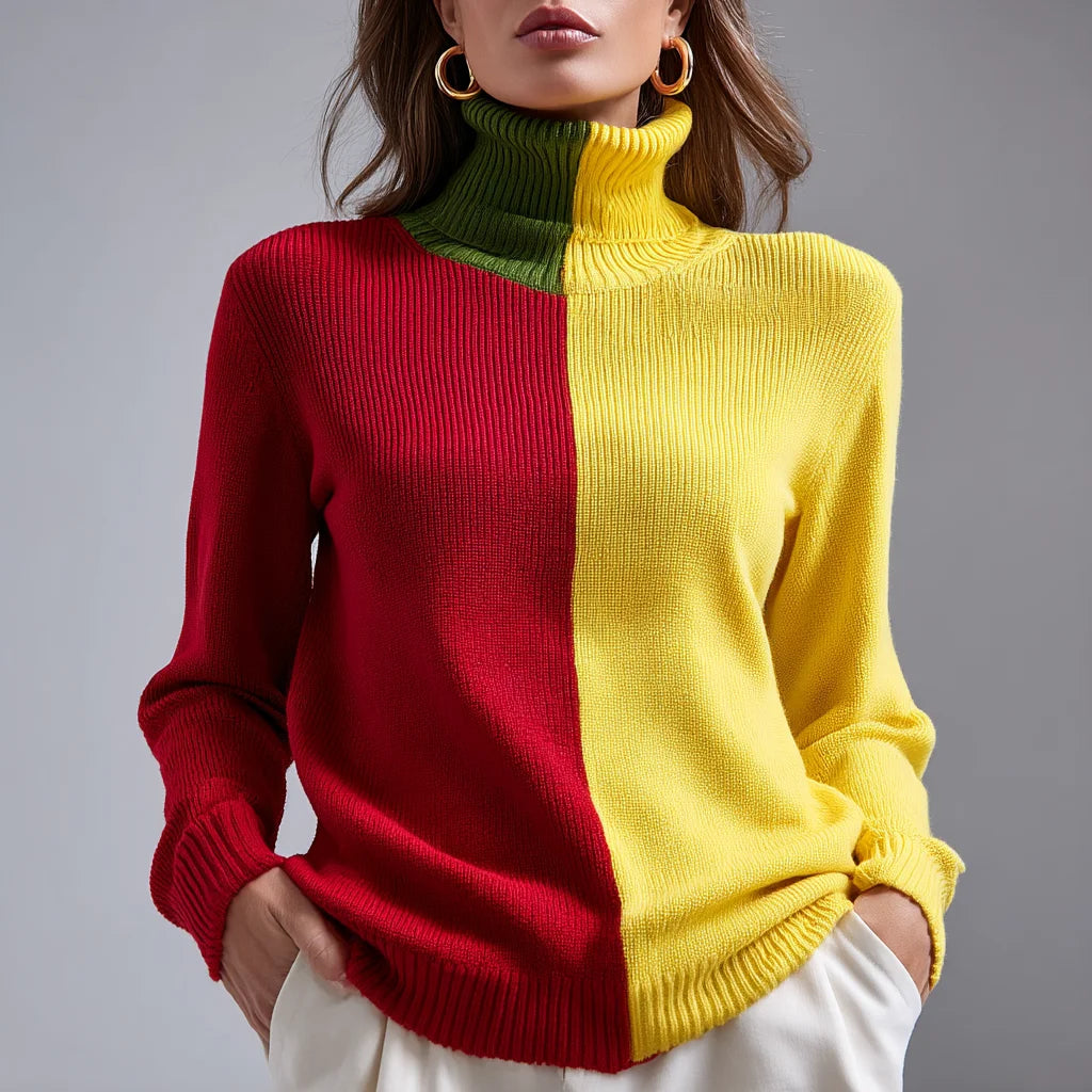 Women's Patterned Color-Block Turtleneck Sweater Vibrant Knit Pullover