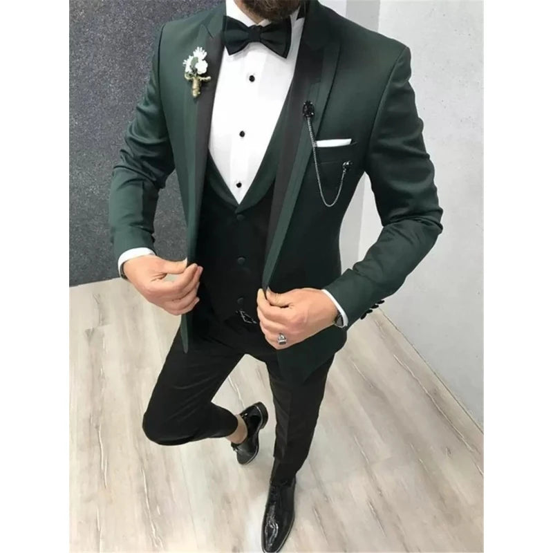 Classic One Button Dark Green Groom Tuxedos Wedding/Prom/Dinner Groomsmen Men Suits Blazer (Jacket+Pants+Vest)