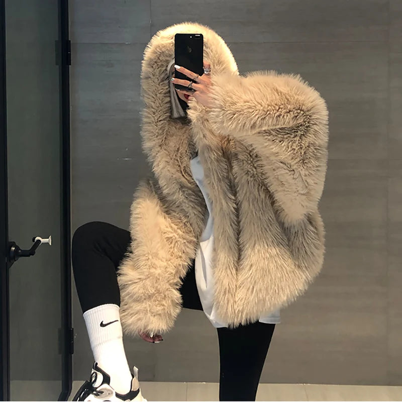 2021 Winter New Hooded Eco-Friendly Plaid Long Vintage Faux Fur Poncho Women's Oversized