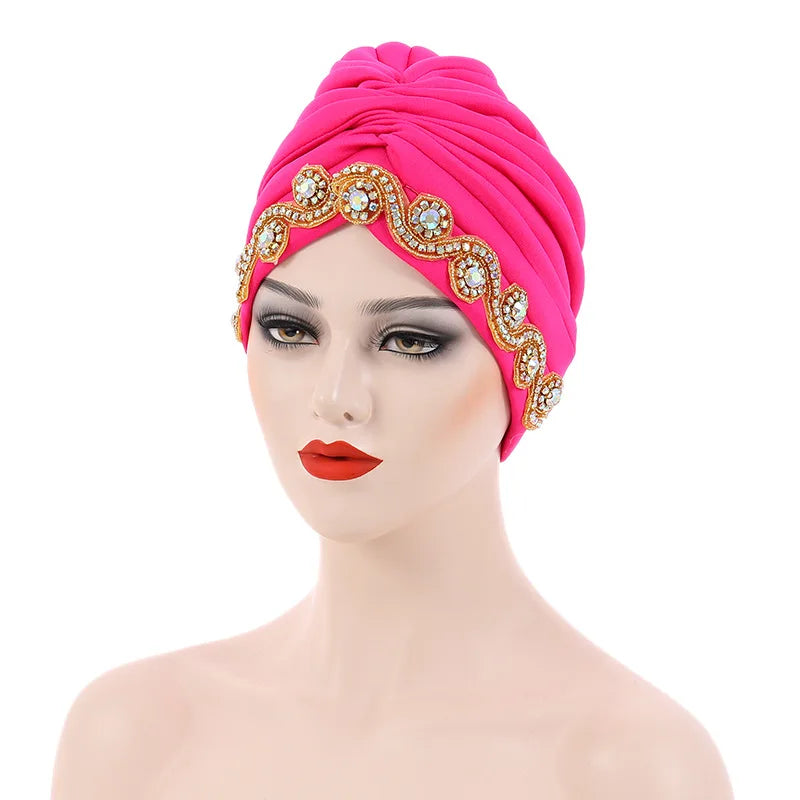 Wholesale New Design Women African Cap Bonnet Hijab Fashion Glitter Rhinestone Stretch Women's Turban Cap