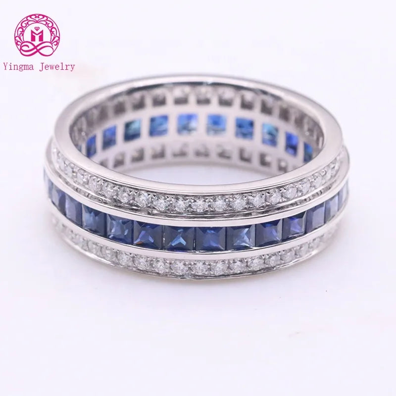 New Trending Eternity Ring Band 18K Solid White Gold Real Moissanite & Sapphire Ring for Wedding Engagement