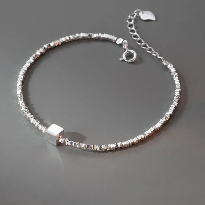 Retro Fashion Jewelry 925 Sterling Silver Glossy Square Pendant Chip Silver Beads Bracelet for Women